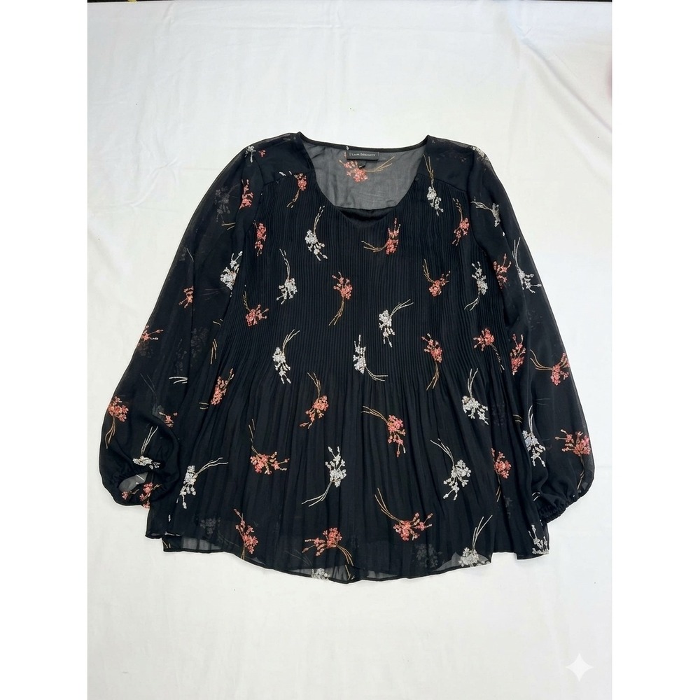 Lane Bryant Floral Pleated Blouse Women 14/16 Black Excellent Chiffon Top